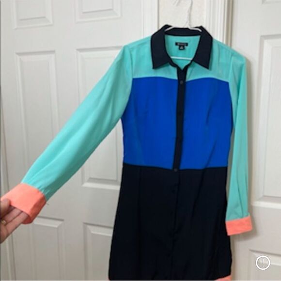I Heart Ronson Bright Color Blocked Long Sleeve Button Up Shirt Dress Size Small - Picture 7 of 11